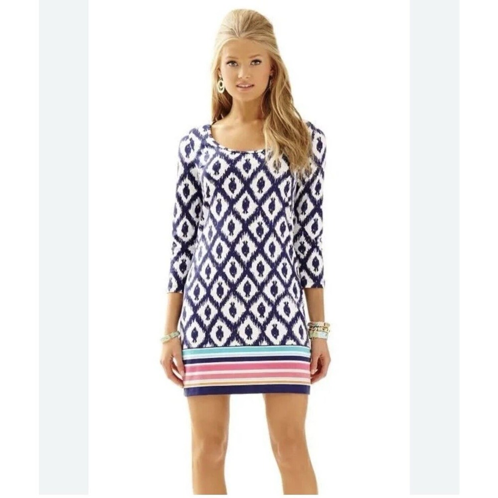 Lilly Pulitzer Beacon T-Shirt Dress Size Small Navy Blue Pink Stripe Fish Print
